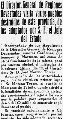 Noticia de la bendición de las Casas Provisionales en Masegoso. Periódico «Nueva Alcarria» (15/03/1941)